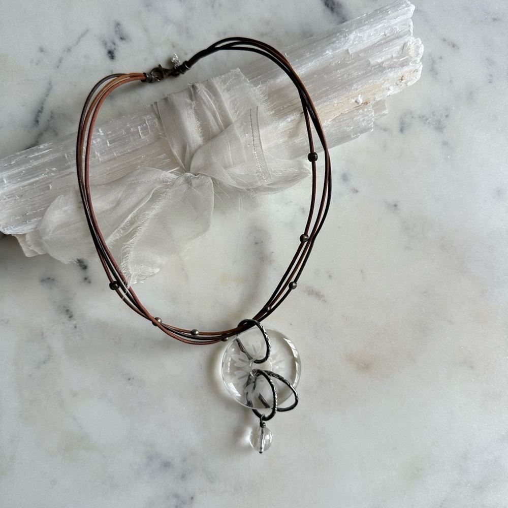 Silpada Etched Crystal Donut and Sterling Silver Pendant on Leather Chain